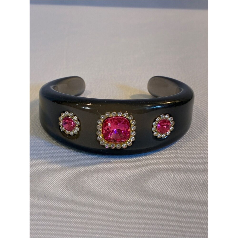 Black Resin chunky bold colorful cocktail Cuff Bracelet acrylic Pink accents